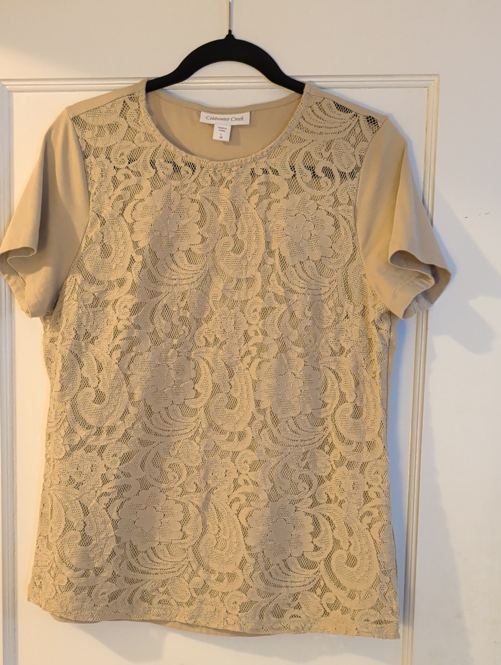 Coldwater Creek Beige Lace Front Short Sleeve Tee, Sz L